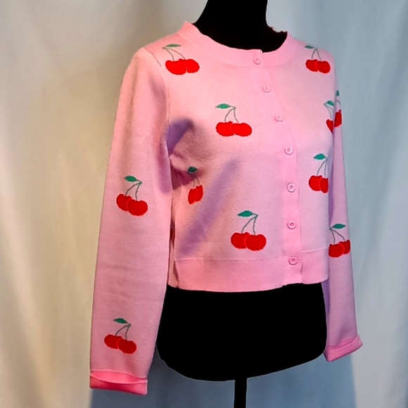 PINK Button Down Cardigan w/🍒🍒🍒 - Picture 4 of 14